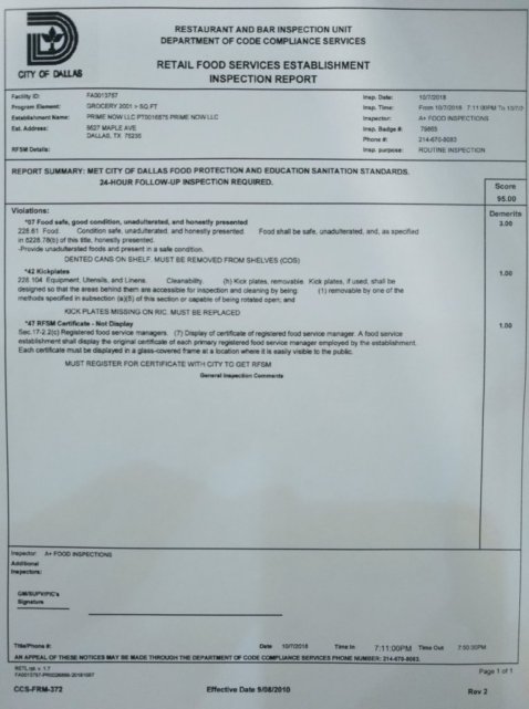 health inspection report dallas